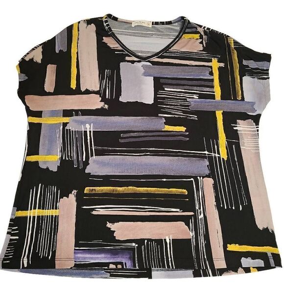 Jess & Jane Womens Black Yellow Abstract Print Stretch Blouse Medium - Picture 1 of 9
